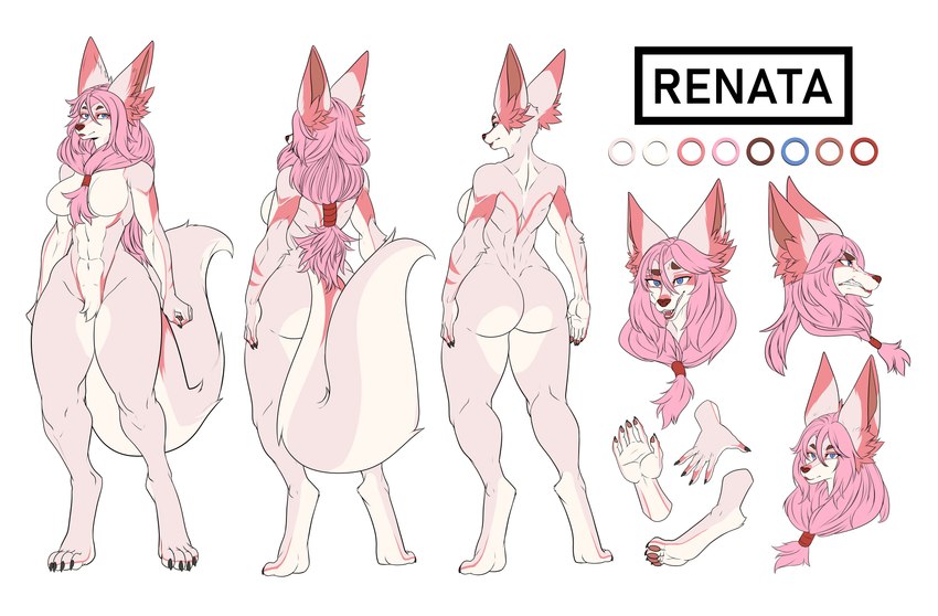 abs anthro big_breasts blue_eyes breasts ear_markings female fur hair inner_ear_fluff lipstick long_hair makeup pawpads pink_body pink_fur pink_hair solo thick_thighs tuft wide_hips fycroh liltaiga4 danglebat renata_(danglebat) arctic_fox canid canine fox mammal true_fox absurd_res digital_media_(artwork) hi_res model_sheet