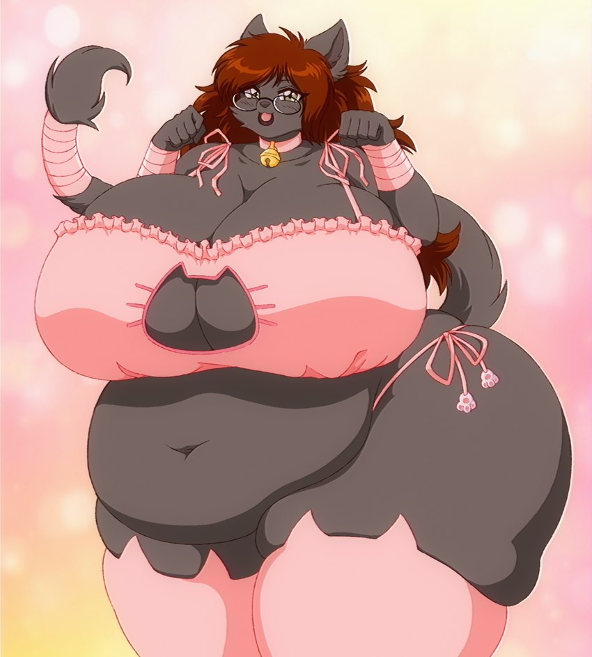 anthro bandage bandaged_arm bell bell_collar belly big_breasts bra breasts cat_cutout cat_lingerie cleavage clothed clothing collar curvy_figure eyewear female fur glasses green_eyes grey_body grey_fur hair huge_breasts legwear lingerie looking_at_viewer navel obese open_mouth overweight paw_pose pink_background pink_bra pink_clothing pink_collar pink_legwear pink_underwear pose raised_tail red_hair simple_background solo squish standing tail thick_thighs thigh_squish underwear venus_figure voluptuous wide_hips fenrir_brown ribbons_(bradythewwefan) domestic_cat felid feline felis mammal digital_media_(artwork) hi_res