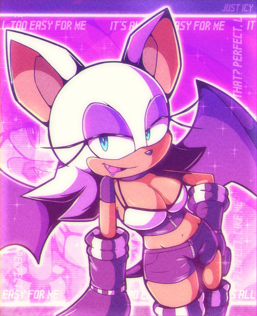 anthro breasts cleavage clothed clothing eyeshadow female fur gloves half-closed_eyes handwear makeup narrowed_eyes open_mouth open_smile smile solo tan_body tan_skin text white_body white_fur wings just_icy sega sonic_the_hedgehog_(series) rouge_the_bat bat mammal english_text hi_res signature