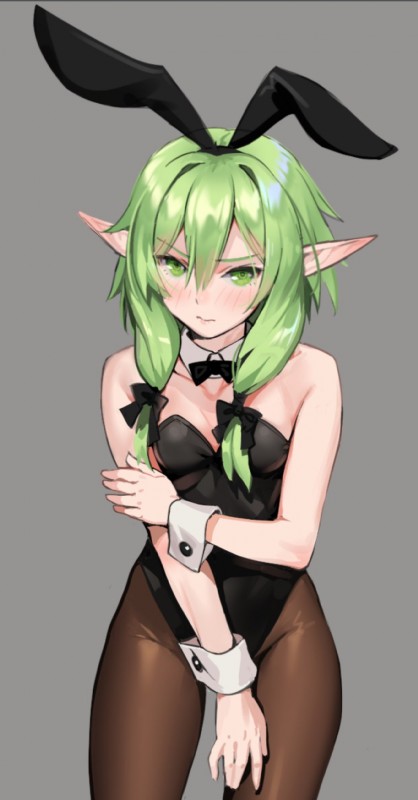 accessory alternate_costume bare_arms bare_shoulders black_bow black_clothing black_leotard black_neckwear blush bow_(feature) bow_accessory bow_ribbon bow_tie breasts brown_clothing brown_legwear bunny_costume clothed clothing costume cuff_(restraint) fake_ears fake_rabbit_ears female frown green_eyes green_hair grey_background hair hair_accessory hair_bow hair_ribbon humanoid_pointy_ears legwear leotard long_hair looking_at_viewer not_furry pantyhose pointy_ears restraints ribbons shirt_collar sidelocks simple_background small_breasts solo wrist_cuffs siino goblin_slayer high_elf_archer_(goblin_slayer) elf humanoid mammal digital_media_(artwork) hi_res portrait three-quarter_portrait