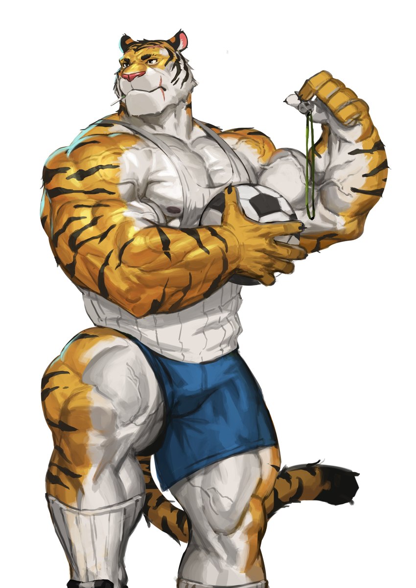 5_fingers anthro ball barazoku big_muscles black_body black_claws black_fur black_nipples bottomwear bulge claws clothing coach fingers footwear fur huge_muscles humanoid_hands male muscular muscular_anthro muscular_male nipples orange_body orange_fur pink_nose scar shirt shoes shorts simple_background soccer_ball socks solo striped_body striped_fur stripes tank_top topwear vein veiny_muscles whistle_(object) white_background white_body white_fur traver009 coach_ho felid mammal pantherine tiger 2022 absurd_res hi_res