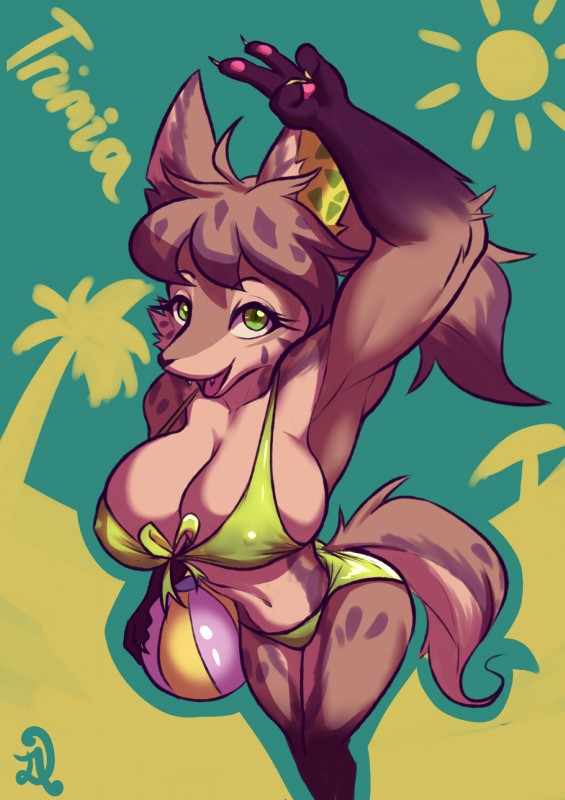 anthro big_breasts bikini breasts clothed clothing curvy_figure female high-angle_view looking_at_viewer nipple_outline smile solo standing swimwear two-piece_swimsuit voluptuous wide_hips d.angelo canid canine mammal absurd_res hi_res