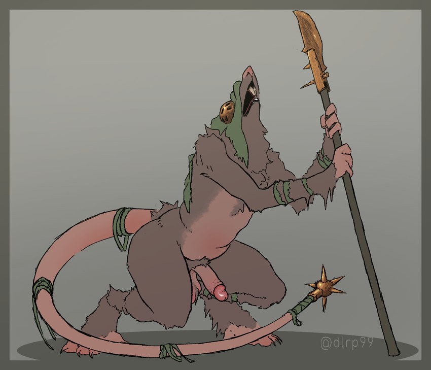 anthro balls belly clothing fur genitals humanoid_genitalia humanoid_penis lance male melee_weapon nude penis polearm simple_background solo standing tail teeth weapon dlrp99 warhammer_(franchise) warhammer_fantasy mammal murid murine rat rodent skaven colored hi_res signature