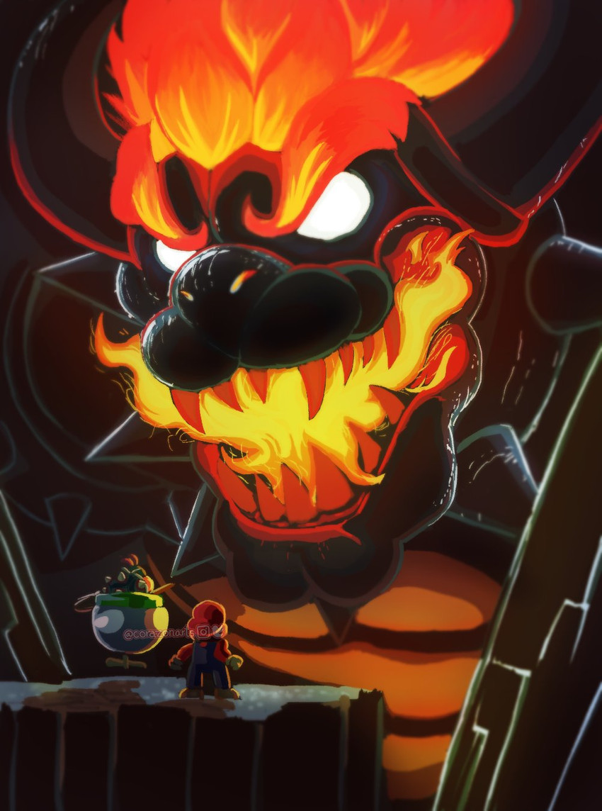bowser, bowser jr., fury bowser, and mario (super mario 3d world and etc) created by corazonarts