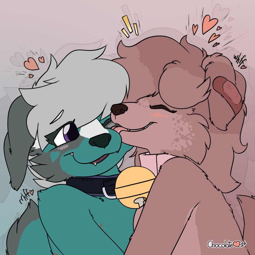 anthro blush cheek_lick collar duo face_lick female happy heart_symbol kissing licking open_mouth pink_tongue smile tongue young chocolatekitsune canid canine canis domestic_dog mammal 1:1 bust_portrait portrait