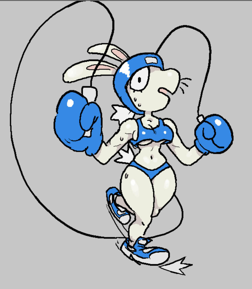 anthro bodily_fluids bottomwear clothing female gloves handwear jump_rope midriff shorts sweat bomboo0o tough_bippy wan_wan_games bippy lagomorph leporid mammal rabbit source_request