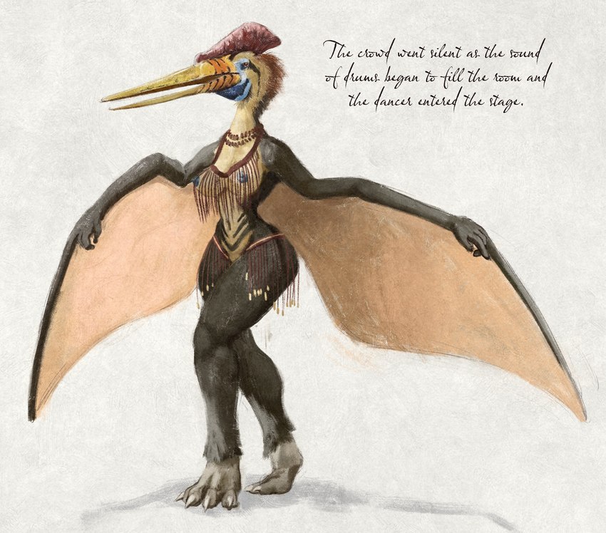 anthro areola beak black_body blue_areola blue_nipples breasts brown_eyes female glistening glistening_eyes journal_entry membrane_(anatomy) membranous_wings mostly_nude navel nipples open_mouth solo spread_wings standing tan_body tan_breasts tan_wings text unsigned winged_arms wings yellow_beak upai azhdarchid prehistoric_species pterosaur quetzalcoatlus reptile scalie english_text full-length_portrait hi_res portrait