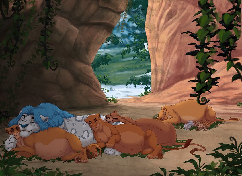 belly big_belly blue_mane canon_x_oc countershade_face countershade_torso countershading eyebrows female feral group male male/female mane nipples paws plant pregnant pregnant_female pregnant_feral quadruped sleeping smile tail tail_tuft tuft young young_feral malaika4 disney the_lion_king fan_character nala_(the_lion_king) sarabi_(the_lion_king) vitani_(the_lion_king) zira_(the_lion_king) felid hybrid lion mammal pantherine snow_leopard