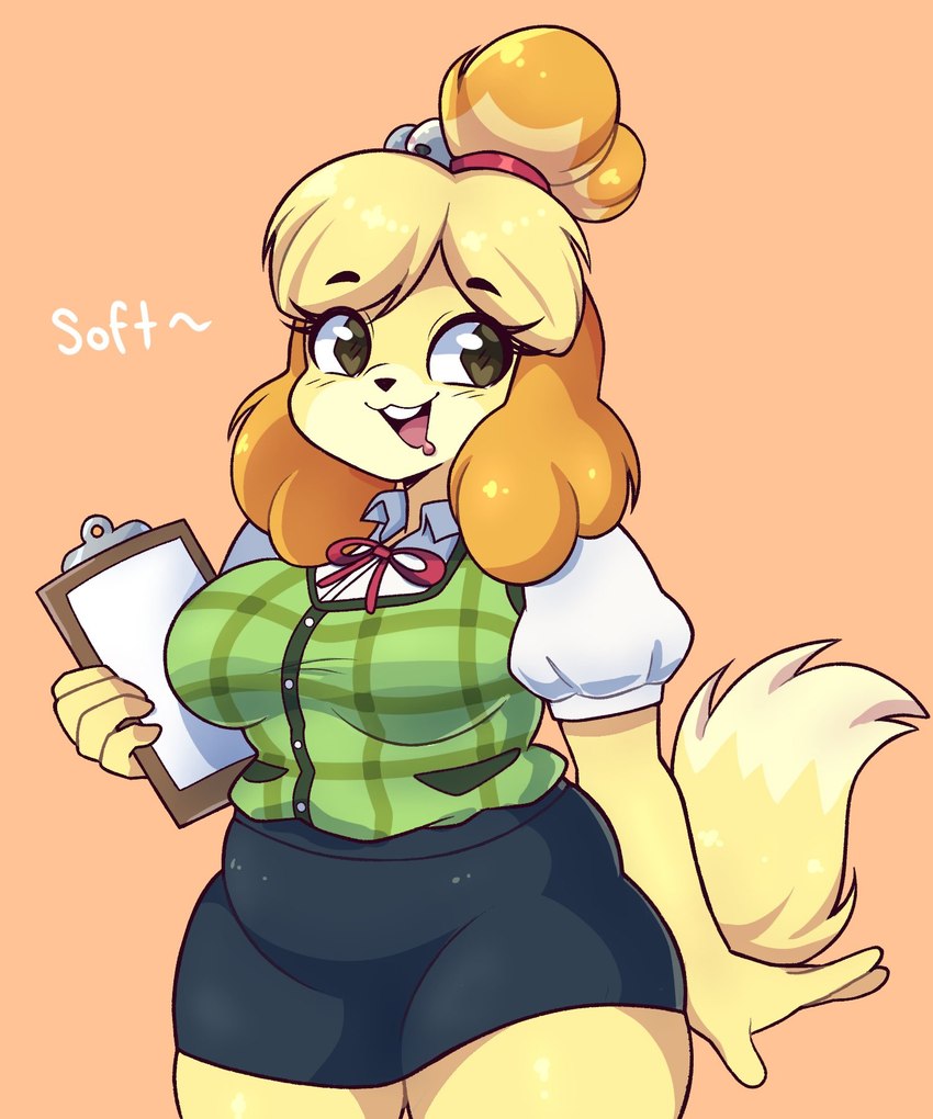 anthro bottomwear breasts cardigan clipboard clothing dialogue female monotone_bottomwear monotone_clothing monotone_skirt potbelly skirt solo artkett1412 animal_crossing nintendo isabelle_(animal_crossing) canid canine canis domestic_dog mammal shih_tzu toy_dog 5:6 hi_res