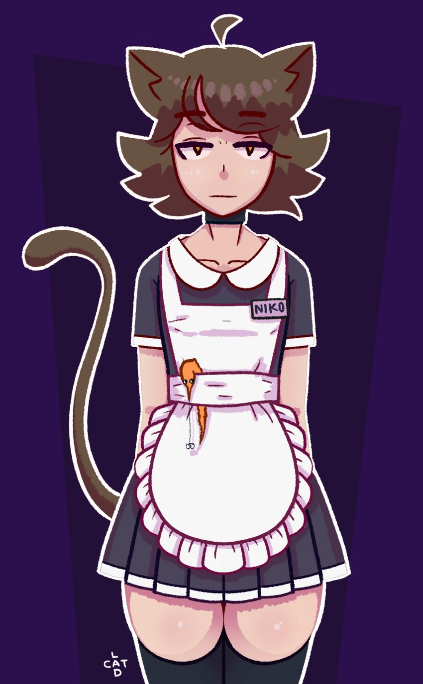 apron bottomwear brown_hair cat_tail clothed clothing crossdressing deadpan dress emotionless expressionless femboy furgonomics hair hands_behind_back legwear maid_uniform male name_tag skirt solo tail tail_through_skirt thigh_highs uniform yellow_eyes catlad niko_(catlad) animal_humanoid cat_humanoid felid felid_humanoid feline feline_humanoid humanoid mammal mammal_humanoid squirmle hi_res