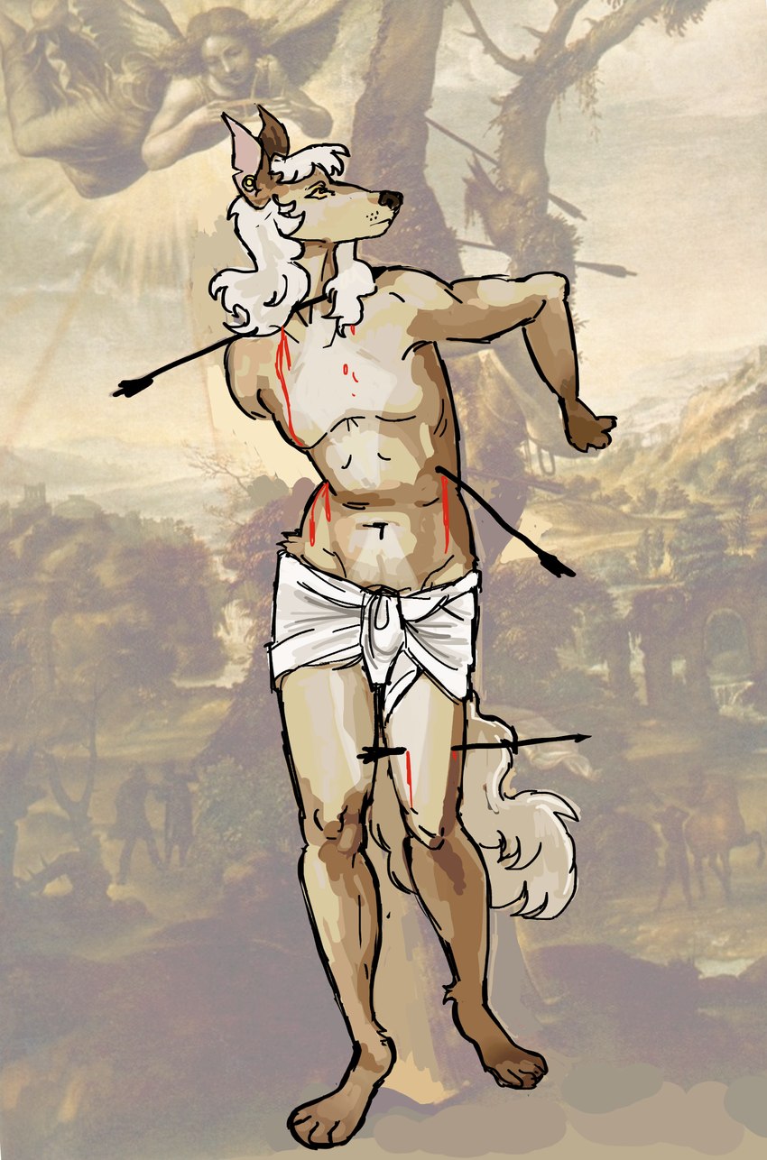 3_fingers alternate_species ambiguous_gender anthro arrow_(weapon) arrow_in_leg arrowed bangs bent_arm black_nose blood blood_from_wound bodily_fluids bottomwear clothed clothed_anthro clothed_male clothing ear_piercing featureless_chest female female_humanoid fingers fluffy fluffy_tail fur furrification hair hair_on_shoulders hand_behind_back holding_object light loincloth long_hair looking_up male male_anthro martyr navel notched_ear outside paws piercing pink_inner_ear plant ranged_weapon river sky solo tail tan_body tan_fur tan_hair tan_tail topless topless_anthro topless_male tree weapon whisker_spots white_bottomwear white_clothing white_loincloth wings wounded yellow_eyes flockdog il_sodoma art_fight saint_sebastian angel canid canine equid equine horse human humanoid mammal winged_humanoid 2024 absurd_res draw_over english_description hi_res lighting shaded