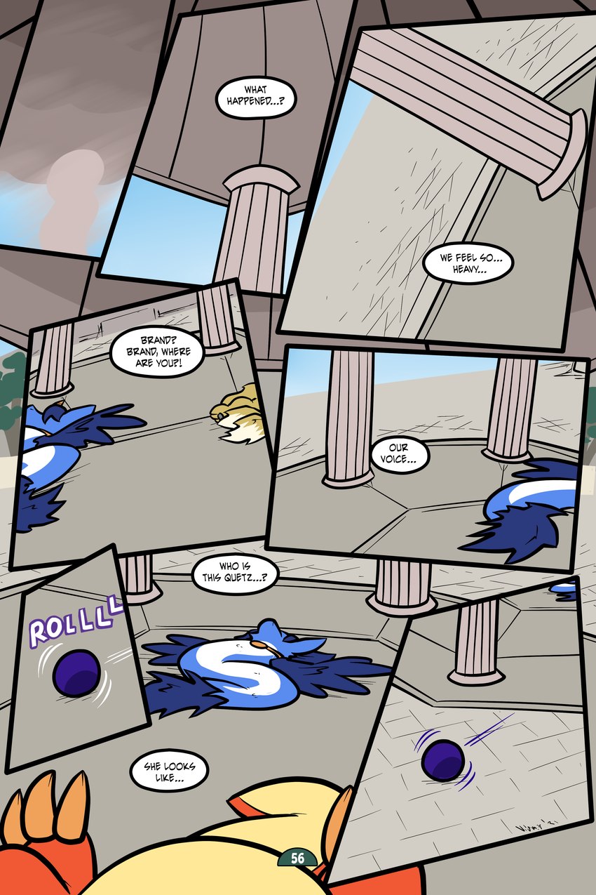 8_panel_comic black_text blue_body blue_hair blue_wings body_swap brown_body brown_fur classical_architecture claws day dialogue exclamation_point feathers female first_person_view floor fluffy fluffy_tail fur gem group hair lying male multi_tail on_back on_ground on_side orb outside page_number pawpads paws pillar plant princess purple_text question_mark rock rolling royalty scales sky speech_bubble tail talking_to_self text toe_claws toony tree trio wings virmir mythology renbrand roko_kirihoko saida canid canine couatl dragon feathered_scalie feathered_snake fox mammal mythological_creature mythological_scalie reptile scalie snake 2022 2:3 absurd_res comic digital_media_(artwork) english_text hi_res