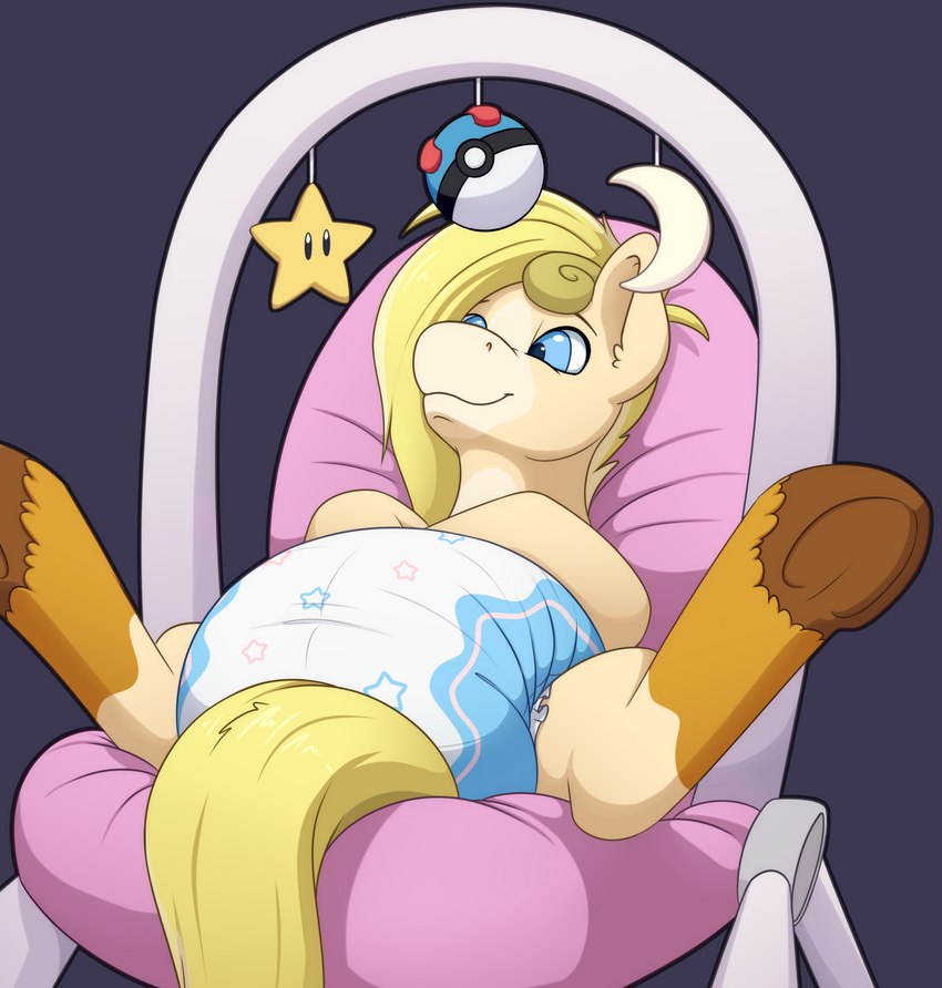 baby_mobile big_diaper blonde_hair blue_eyes clothed clothing diaper diaper_fetish feral hair hooves leg_markings male markings socks_(marking) tail wearing_diaper yellow_tail ailoy4 hasbro my_little_pony cherry_trot_(oc) fan_character hi_res