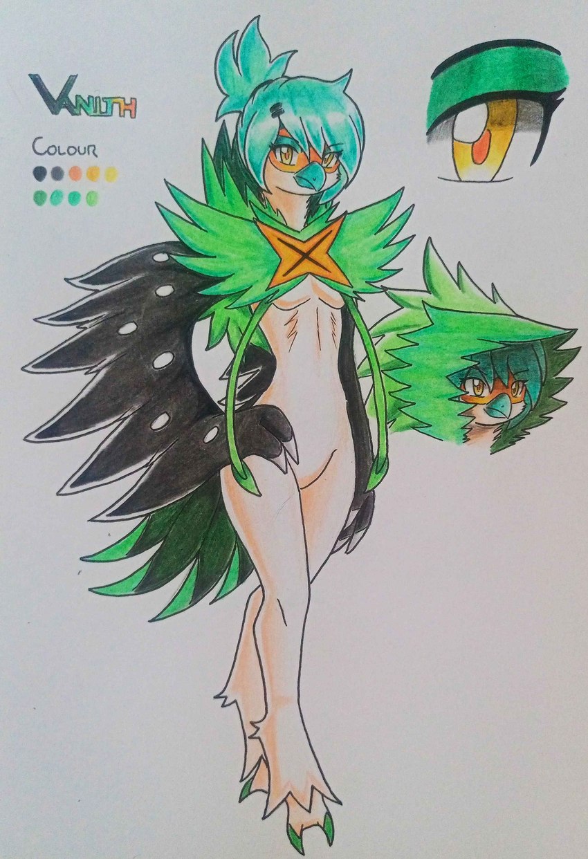 anthro black_wings breasts feathers feet female green_body green_feathers looking_at_viewer non-mammal_breasts simple_background small_breasts solo talons toes white_background wings ideltasarc333 nintendo pokemon vanith_(nyxcha) avian decidueye generation_7_pokemon pokemon_(species) absurd_res hi_res