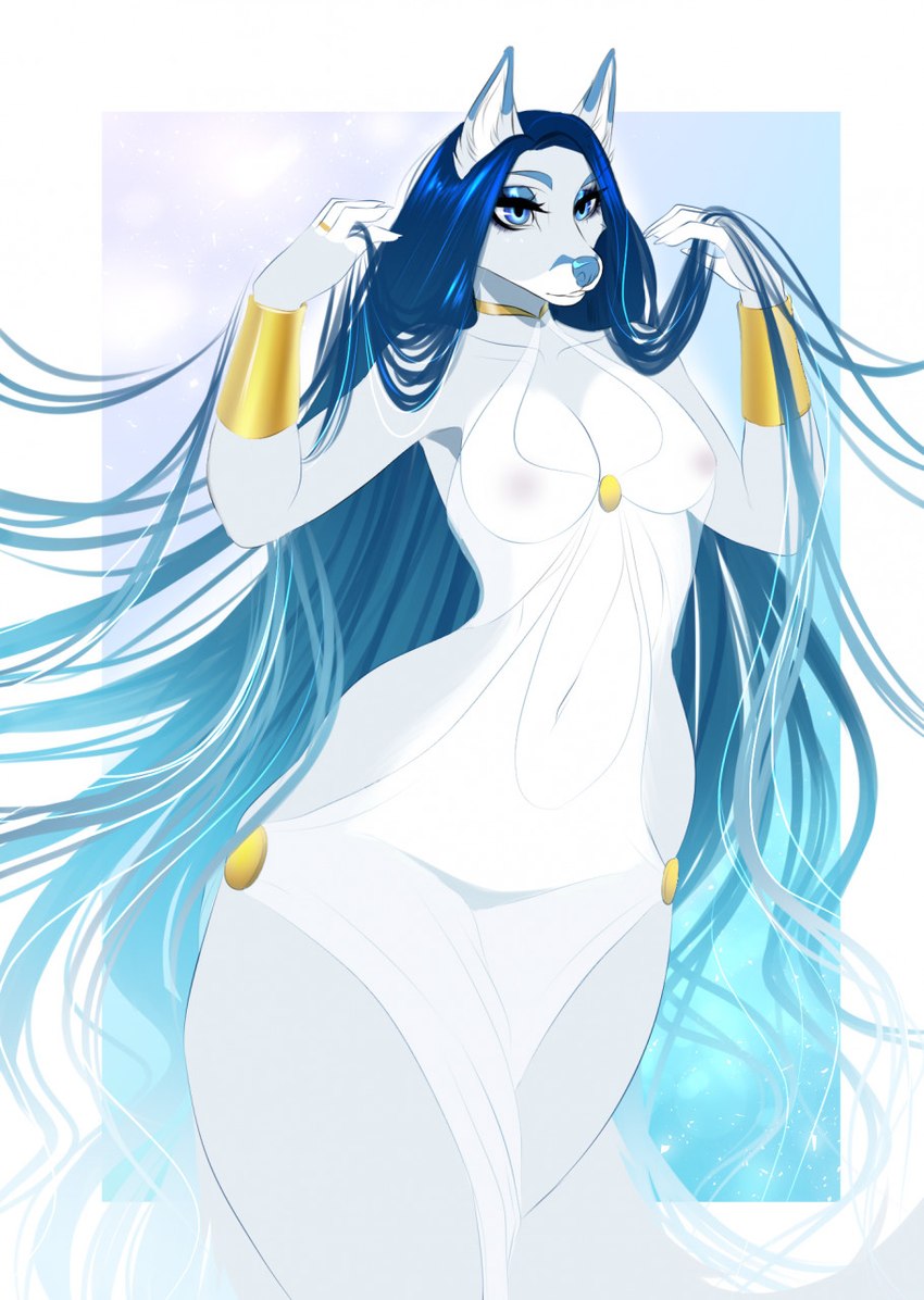 5_fingers anthro blue_eyes blue_hair breasts clothed clothing eyebrows eyelashes female fingers hair simple_background amur canid canine fox mammal hi_res