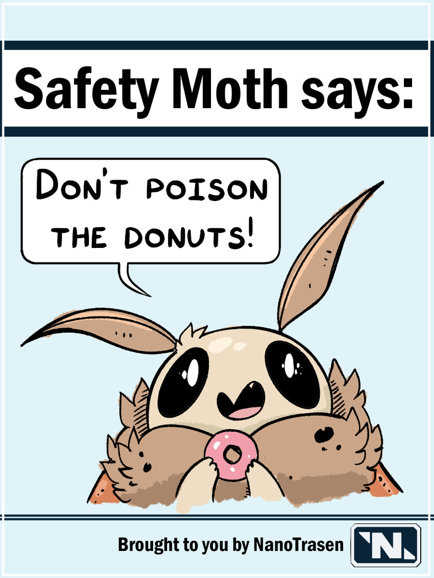 ambiguous_gender anthro big_eyes daww dessert dialogue doughnut food looking_at_viewer nanotrasen open_mouth pastry poster poster_template public_service_announcement simple_background smile solo speech_bubble text tongue aspev space_station_13 safety_moth arthropod insect lepidopteran moth 3:4 english_text hi_res