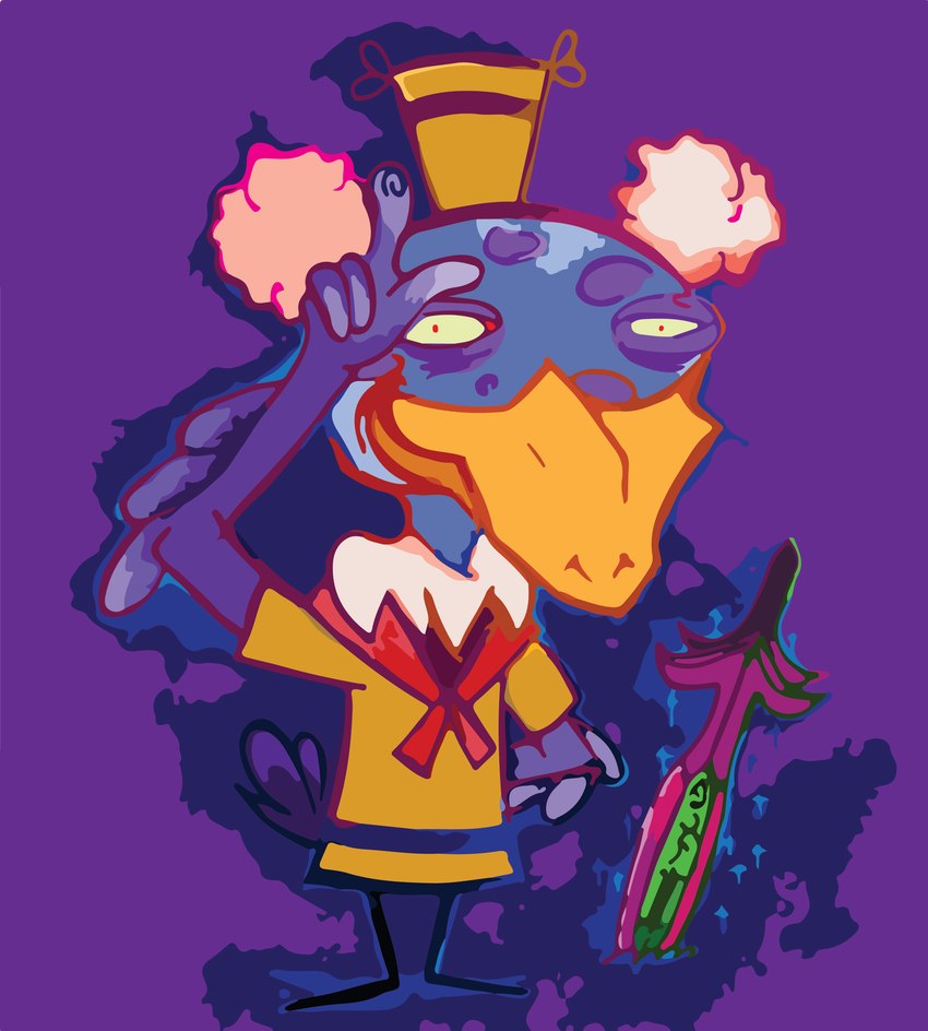 ambiguous_gender anthro beak clothing double_bun feathered_wings feathers gesture green_sclera half-closed_eyes hand_gesture hat headgear headwear kerchief looking_at_viewer loser_gesture markings melee_weapon narrowed_eyes neck_tuft orange_beak pupils purple_background purple_body purple_feathers purple_spots red_kerchief red_pupils red_scarf scarf scout_uniform simple_background smile smiling_at_viewer solo sparkles spots spotted_body stick_legs stripes sword tail tail_feathers tuft weapon wings yellow_outfit schreckengast camp_lazlo cartoon_network majora's_mask nintendo the_legend_of_zelda avian bird takkuri_(majora's_mask) 2013 hi_res