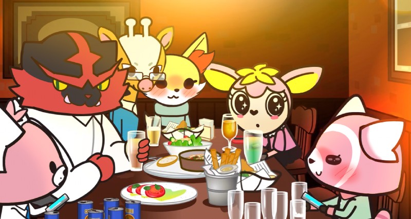 alcohol alternate_species anthro anthrofied beer beverage black_body black_fur blush drunk eyelashes eyewear female food fur glasses group horn inside male ossicone pink_body pink_fur red_body red_fur smile substance_intoxication yellow_body yellow_fur daily-incineroar aggretsuko nintendo pokemon sanrio fenneko manumaru resasuke retsuko rinta tsunoda_(aggretsuko) ailurid canid canine deer deerling felid fennekin generation_2_pokemon generation_5_pokemon generation_6_pokemon generation_7_pokemon girafarig giraffid incineroar mammal pokemon_(species) spring_deerling stufful crossover