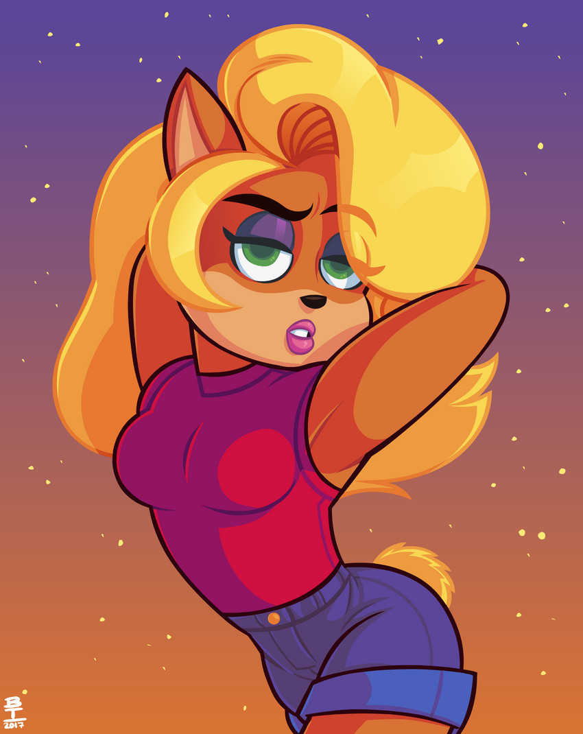 anthro blonde_hair bottomwear breasts clothing eyebrows eyeshadow female green_eyes hair hands_behind_head lipstick makeup raised_eyebrow shorts solo wazzaldorp activision crash_bandicoot_(series) tawna_bandicoot bandicoot mammal marsupial 2017 hi_res