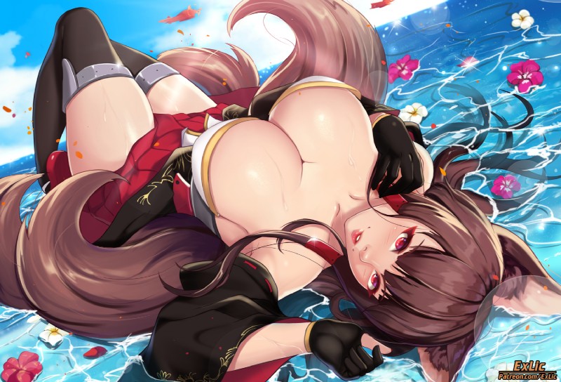 5_fingers breasts brown_hair cleavage clothed clothing female fingers flower hair looking_at_viewer lying multi_tail on_back plant red_eyes solo tail text water exlic azur_lane akagi_(azur_lane) animal_humanoid canid canid_humanoid canine canine_humanoid fox_humanoid humanoid mammal mammal_humanoid 2020 url