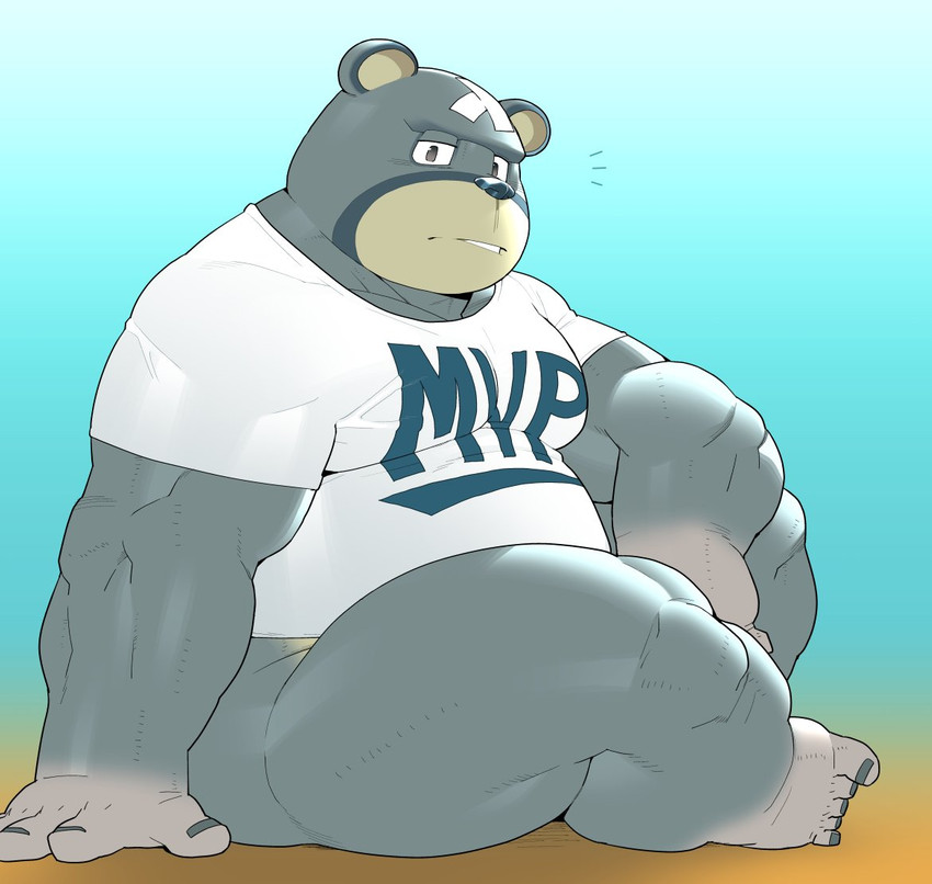 anthro belly clothing humanoid_hands kemono male musclegut muscular overweight overweight_anthro overweight_male shirt sitting solo text text_on_clothing text_on_shirt text_on_topwear topwear kira_nerisu animal_crossing nintendo curt_(animal_crossing) bear mammal 2020