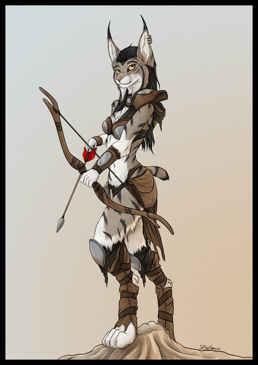 anthro arrow_(weapon) bow_(weapon) ear_piercing ear_ring female piercing pose ranged_weapon ring_piercing solo tribal weapon spectronic mira_(spectronic) felid feline lynx mammal hi_res