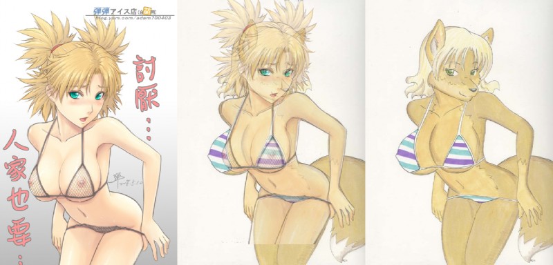 anthro big_breasts bikini breasts cleavage clothed clothing female navel nipples simple_background skimpy solo swimwear tail triangle_bikini two-piece_swimsuit unknown_artist naruto temari digital_media_(artwork)