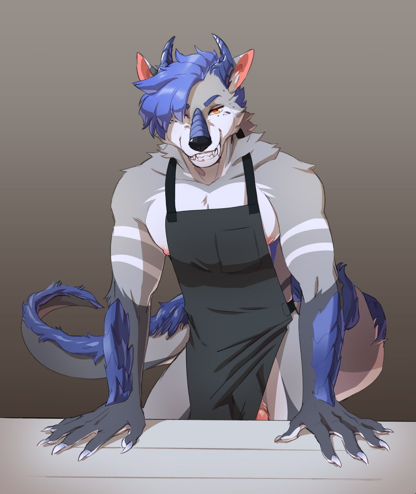 anthro apron bedroom_eyes claws clothed clothing cook dominant genitals hands_on_table male muscular muscular_male narrowed_eyes nipples partially_clothed pecs penis seductive smile smirk solo tail teeth cosmicminerals mythology lincoln canid canine canis dragon hybrid mammal mythological_creature mythological_scalie scalie wolf hi_res