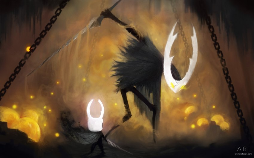 2_horns ambiguous_gender billowing_cape black_eyes black_hands black_legs cape cape_only cave chain cloak clothing detailed_background duo empty_eyes featureless_crotch featureless_feet feet fight fighting_pose fingers game_background glowing glowing_eyes grey_cape grey_clothing holding_melee_weapon holding_object holding_sword holding_weapon horn infected larger_ambiguous melee_weapon mostly_nude nail_(weapon) orange_smoke particles pose size_difference skinny smaller_ambiguous smoke sword text torn_cape torn_clothing weapon yellow_glow ari_ibarra hollow_knight team_cherry hollow_knight_(character) the_infection_(hollow_knight) the_knight_(hollow_knight) animal_humanoid arthropod arthropod_humanoid humanoid infected_(species) insect insect_humanoid vessel_(species) 2017 digital_media_(artwork) digital_painting_(artwork) hi_res url nonbinary_(lore) sibling_(lore)