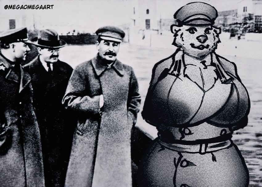 anthro big_breasts breasts clothed clothing female fur group looking_at_viewer male russian smile soviet_union megaomega joseph_stalin bear mammal black_and_white hi_res monochrome