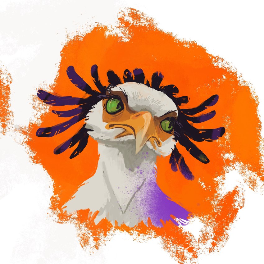 ambiguous_gender anthro beak black_body black_feathers eyelashes feathers front_view green_sclera head_feathers orange_beak sao_(character) solo white_body white_feathers chickenzaur accipitriform avian bird secretary_bird 1:1 headshot_portrait hi_res painting_(artwork) portrait male_(lore)