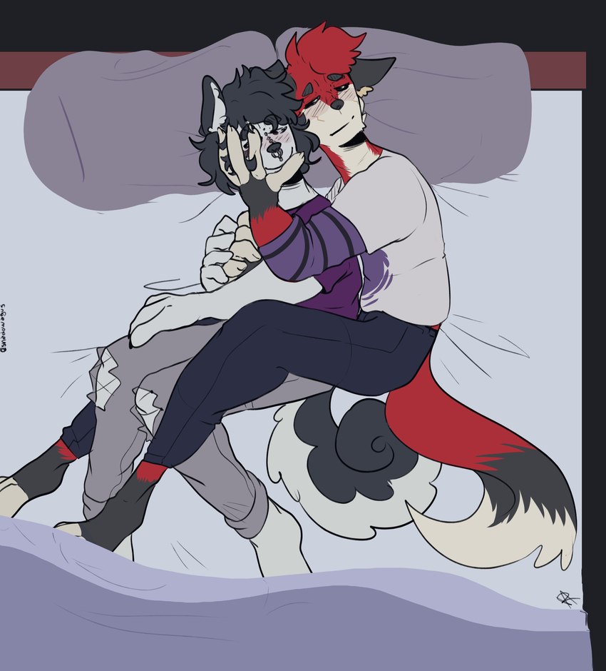 anthro bed blush clothed clothing duo fluffy fluffy_tail furniture male male/male piercing sleeping tail unknown_artist rivey_ravenheart xfotzy canid canine canis domestic_dog fox husky mammal nordic_sled_dog spitz absurd_res hi_res