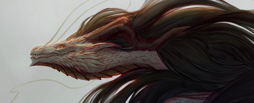 ambiguous_gender black_hair feral hair horn red_eyes scales smile solo teeth white_body white_scales morsylvia mythology dragon mythological_creature mythological_scalie scalie 2023 digital_media_(artwork) hi_res