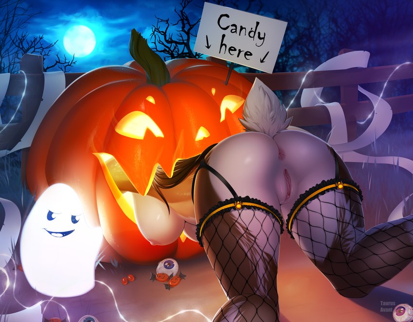 anthro anus arthropod_webbing ass_up belly big_breasts bottomwear breasts brown_hair butt candy clitoral_hood clothing costume dessert eyeball female fishnet_clothing fishnet_legwear food fruit full_moon garter_belt garter_straps genitals hair holidays jack-o'-lantern kneeling legwear moon mostly_nude night nipples obscured_face plant pumpkin pussy sign solo_focus text taurusart halloween sarah_bou deer ghost mammal new_world_deer reindeer spirit 2022 absurd_res hi_res