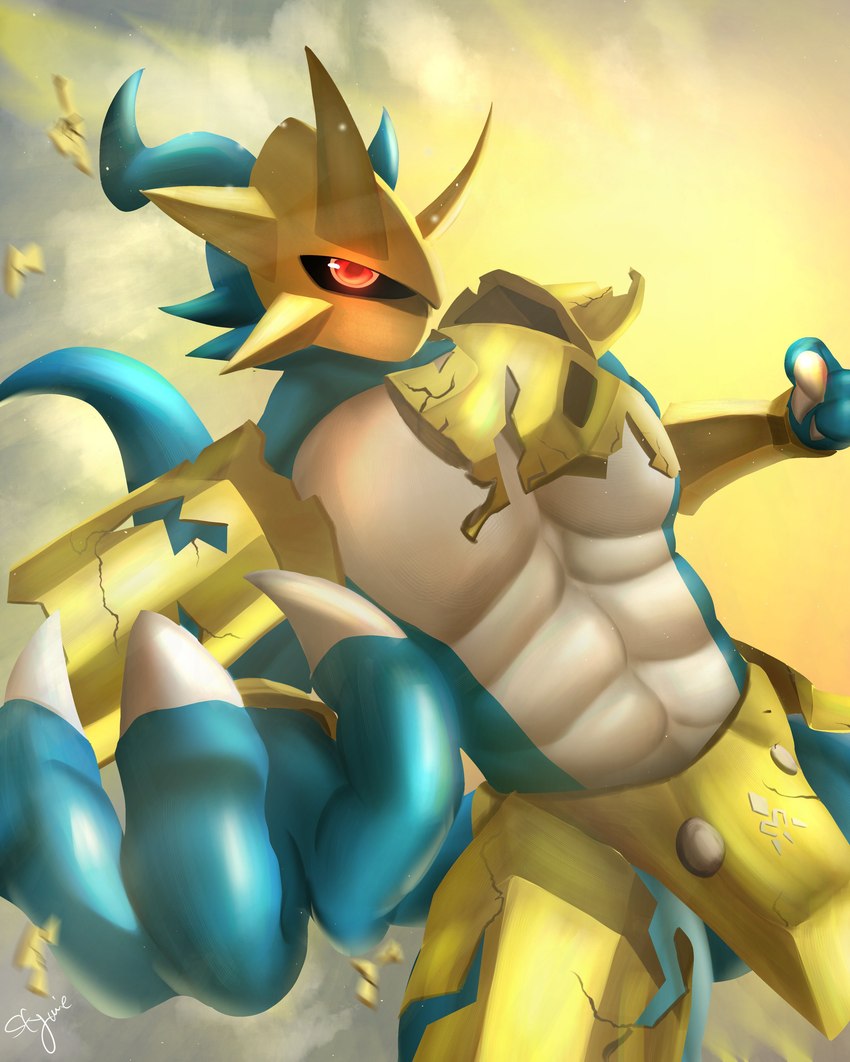 abs anthro armor blue_body broken_armor gold_(metal) gold_armor male midriff pecs red_eyes solo stymieg101 bandai_namco digimon digimon_(species) magnamon scalie absurd_res hi_res