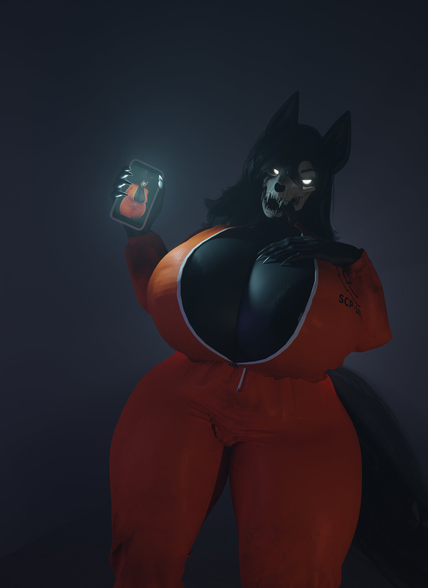 anthro big_breasts black_body black_fur black_hair bone breasts cellphone electronics female fur glowing glowing_eyes hair holding_cellphone holding_object holding_phone holding_smartphone huge_breasts open_mouth orange_jumpsuit phone prison_uniform skull skull_head smartphone solo standing tail thick_thighs white_eyes wide_hips teknotyk scrag_(modeler) scp_foundation scp-1471-a canid canine malo mammal 3d_(artwork) absurd_res digital_media_(artwork) hi_res