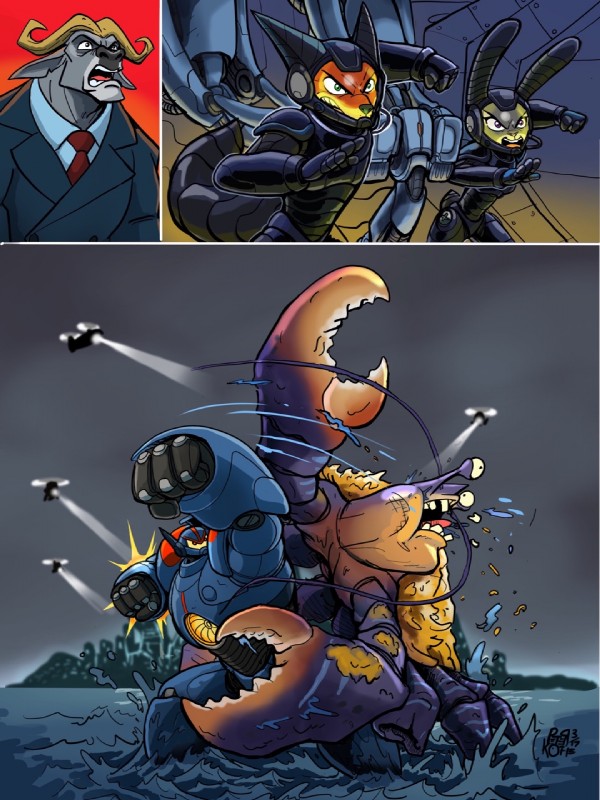 3_panel_comic aircraft anthro armor duo female fight helicopter horn machine male mecha seaside vehicle water peter_kothe big_hero_6 disney moana pacific_rim zootopia baymax chief_bogo judy_hopps nick_wilde tamatoa_(moana) arthropod bovid bovine canid canine cape_buffalo coconut_crab crustacean fox hermit_crab kaiju lagomorph leporid malacostracan mammal marine monster rabbit red_fox robot true_fox 3:4 comic crossover hi_res