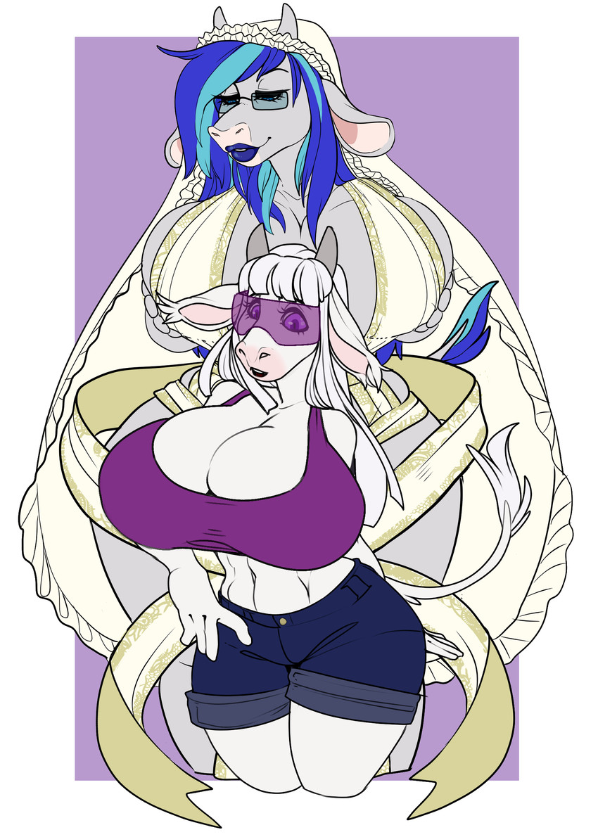 anthro big_breasts big_ears blue_eyes blue_hair blue_lips bottomwear breast_expansion breasts cleavage clothed clothing crop_top denim dress duo expansion eyewear female fingers fully_clothed glasses grey_body growth hair horn lips navel purple_eyes purple_lips shirt shorts simple_background topwear transformation visor white_body white_hair wide_hips rancidious marilyn_e samantha_muller bovid bovine cattle mammal absurd_res hi_res