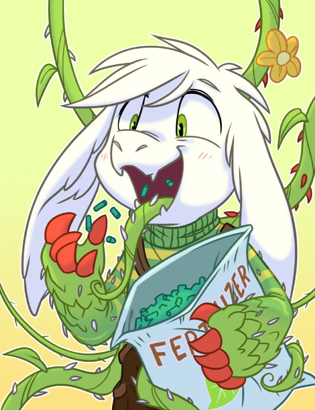 5_fingers anthro clothed clothing fertilizer fingers fur green_eyes long_ears male open_mouth plant simple_background solo thorns vine_tongue vines white_background white_body white_fur goatanimedatingsim undertale undertale_(series) asriel_dreemurr photoshop_flowey boss_monster_(undertale) bovid caprine elemental_creature flora_fauna goat hybrid mammal hi_res