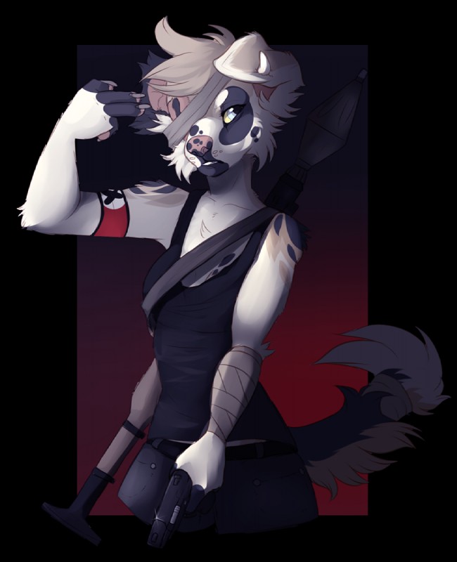 anthro armband bandage bottomwear clothed clothing female fully_clothed gun handgun nazi pants pistol ranged_weapon rocket_launcher rpg-7 shirt simple_background solo tank_top topwear weapon sheppi canid canine canis domestic_dog mammal 2015