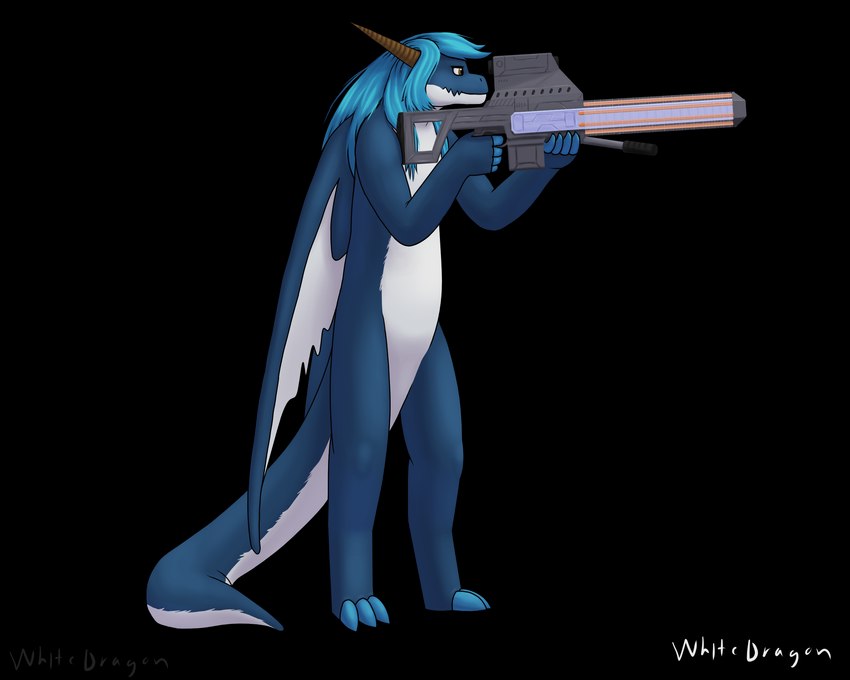 anthro blue_body blue_claws blue_fur blue_hair brown_eyes brown_horn claws digitigrade female fur gauss_rifle gun hair horn membrane_(anatomy) membranous_wings ranged_weapon rifle science_fiction simple_background sniper_rifle weapon white_body white_fur wings white-dragon mythology dragon furred_dragon furred_scalie mythological_creature mythological_scalie scalie 2024 5:4 alpha_channel full-length_portrait hi_res portrait shaded signature soft_shading