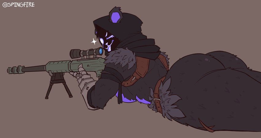 anthro armor big_butt black_hood breasts butt clothing empty_eyes eye_scar facial_scar female fur gauntlets gloves grey_background grey_body grey_fur gun handwear holding_gun holding_object holding_ranged_weapon holding_weapon lying obscured_face on_front one_eye_closed purple_eyes purple_tongue ranged_weapon rear_view scar simple_background solo thick_thighs tongue tongue_out weapon wide_hips spingfire epic_games fortnite raven_team_leader bear mammal absurd_res hi_res