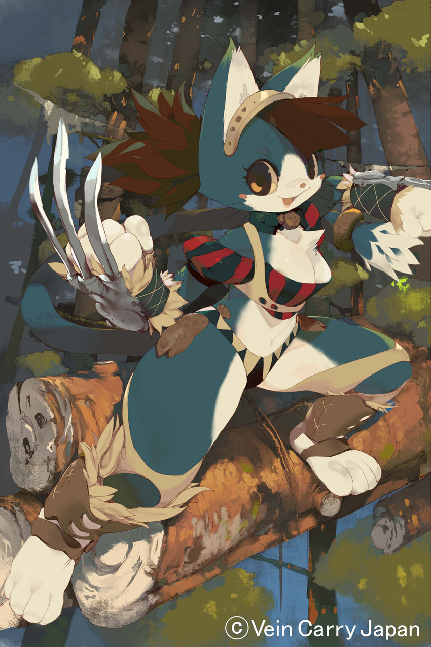 anthro black_eyes blue_body blue_fur breasts brown_hair chest_tuft clothing collar female fur hair melee_weapon open_mouth outside plant smile solo standing thick_thighs tree tuft underwear weapon koki domestic_cat felid feline felis mammal 2013 2:3 hi_res