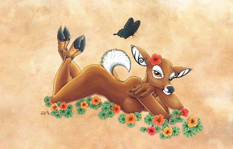 anthro breasts feet female flower hooves lying nude plant solo tail toes underhoof cervidian94 lorien077 kaneshia arthropod butterfly deer insect lepidopteran mammal artist_collaboration