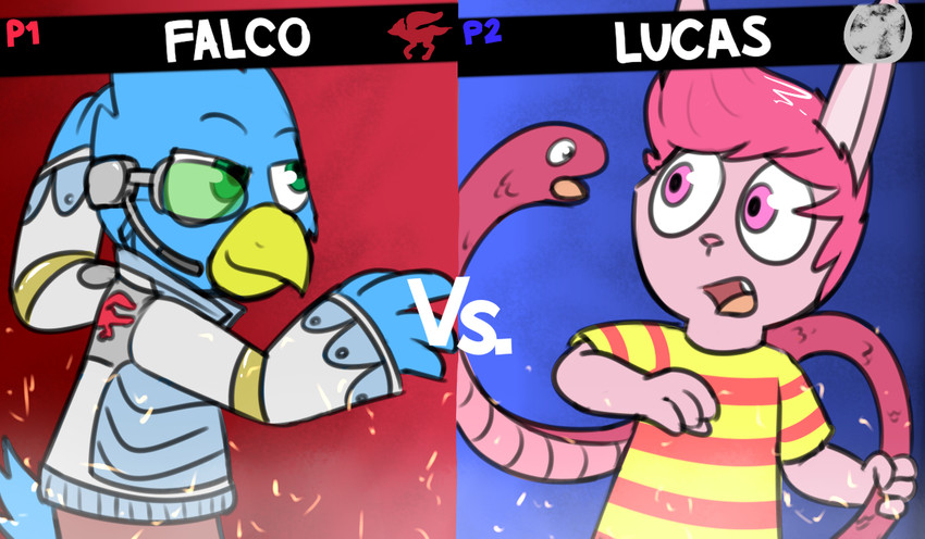 anthro beak clothed clothing duo fur green_eyes hair male open_mouth simple_background text pokefound earthbound_(series) nintendo star_fox super_smash_bros. super_smash_bros._ultimate falco_lombardi klace_(pokefound) lucas_(earthbound) rope_snake sonny_boop avian bird lagomorph leporid mammal rabbit reptile scalie snake 2020 digital_media_(artwork) english_text