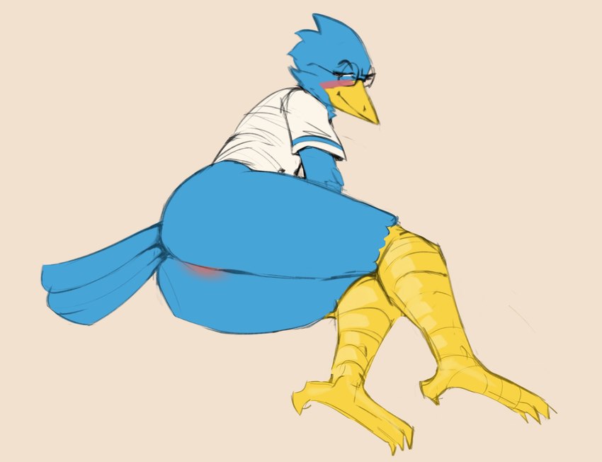 4_toes anus beak blue_body blue_feathers blush bottomless butt clothed clothing eyewear feathers feet glasses half-closed_eyes looking_at_viewer looking_back lying male narrowed_eyes on_side presenting presenting_hindquarters shirt simple_background smile smug solo tail tail_feathers talons toes topwear yellow_beak ombwie deltarune undertale_(series) berdly avian bird hi_res