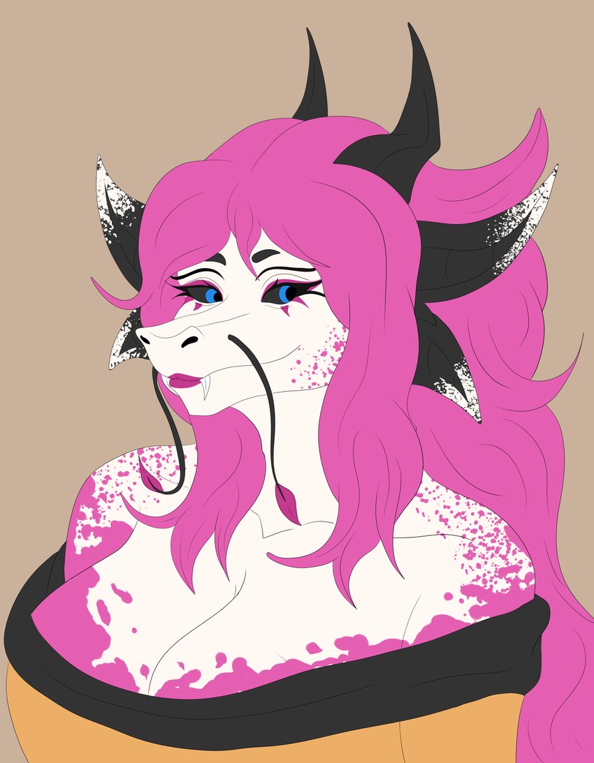 anthro big_breasts black_sclera blue_eyes breasts female hair horn lips markings pink_hair pink_lips pink_markings pink_spots solo spots zortrex mythology gallar_(zortrex) dragon eastern_dragon mythological_creature mythological_scalie scalie absurd_res hi_res