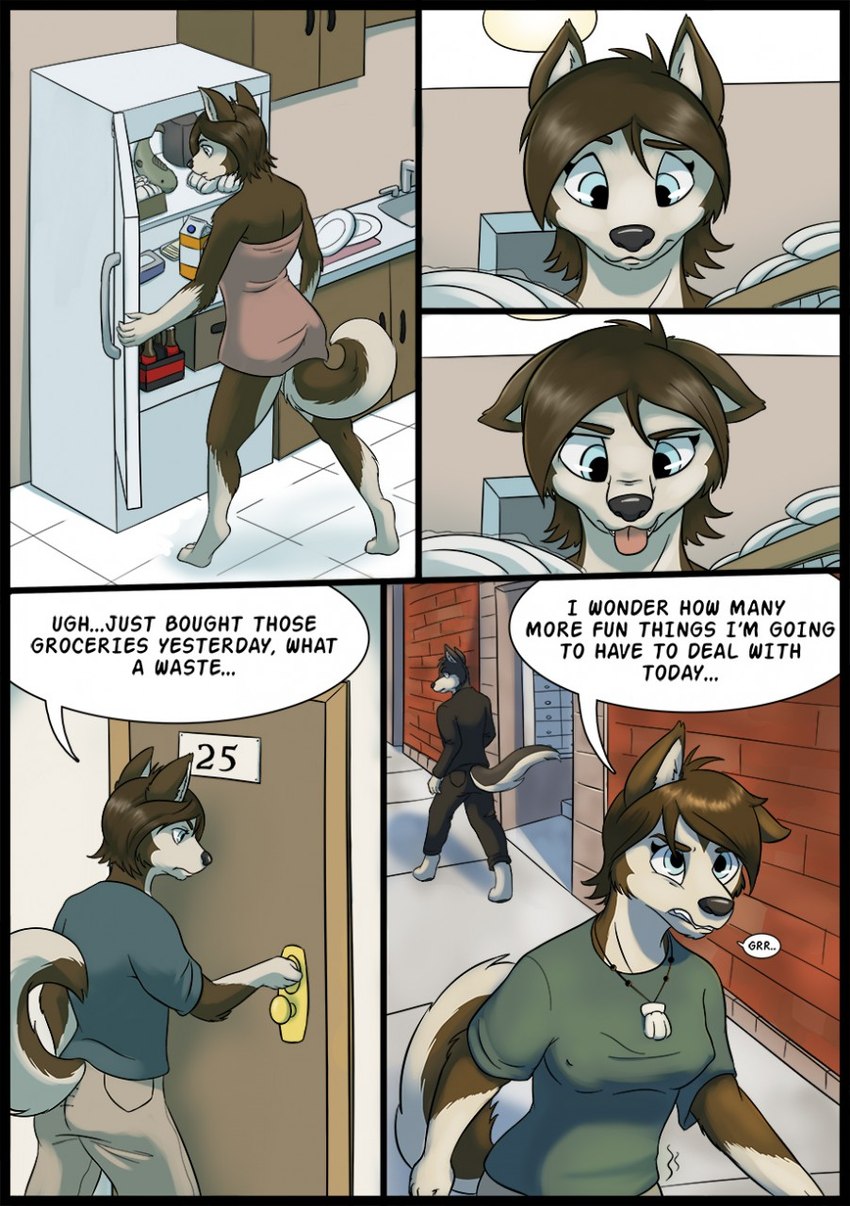 anthro appliance black_border black_nose blue_eyes border breasts brown_body brown_fur brown_hair clothed clothing countershade_face countershade_fur countershade_neck countershade_tail countershade_torso countershading dialogue digitigrade door duo female fridge front_view fully_clothed fur gloves_(marking) hair hungry kitchen kitchen_appliance leg_markings markings nipples_through_clothes outside rear_view seashell_necklace shirt sidewalk socks_(marking) solo_focus speech_bubble standing t-shirt tail text three-quarter_view tongue tongue_out topwear towel towel_only white_body white_countershading white_markings oter oter_(oc) canid canine canis domestic_dog fish husky mammal marine nordic_sled_dog spitz 2015 colored comic english_text hi_res shaded
