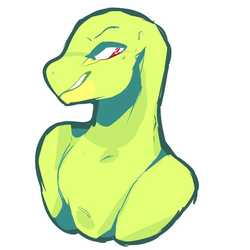 anthro clothed clothing green_body green_scales grin male markings multicolored_markings red_eyes scales simple_background smile solo topless two_tone_markings white_background yellow_body yellow_markings yellow_scales conditional_dnp goobysart spoctor_theory lizard reptile scalie 1:1 2019 bust_portrait digital_drawing_(artwork) digital_media_(artwork) portrait shaded