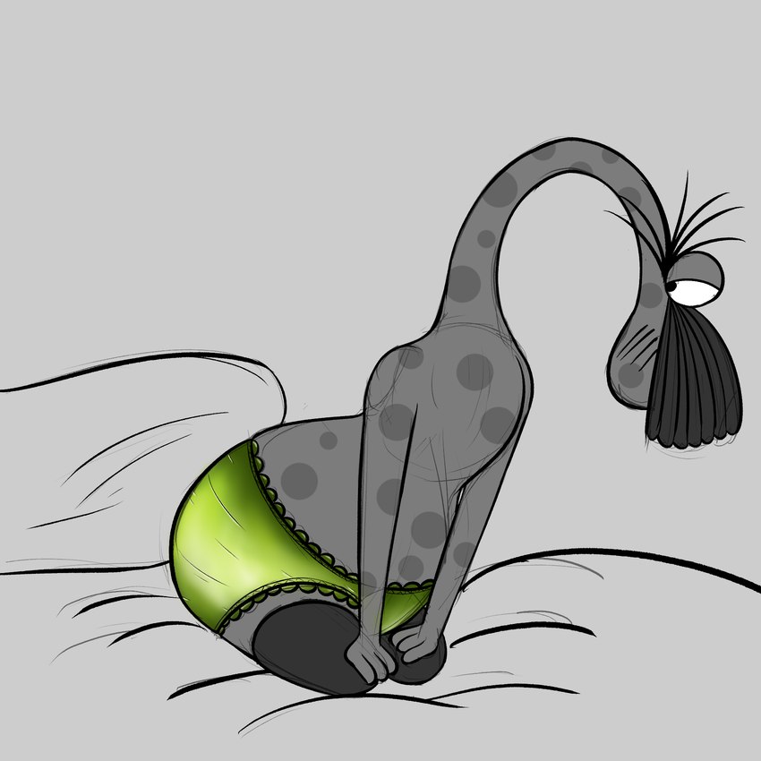 bed bed_sheet bedding bedroom_eyes bent_legs bent_over blush blush_lines clothed clothing colored_underwear crossdressing facial_hair furniture green_clothing green_lingerie hair half-closed_eyes hands_on_lap head_tuft legwear lingerie looking_aside looking_at_viewer male markings mustache narrowed_eyes nervous panties pillow seductive shy solo spots spotted_body stockings tuft underwear geegeeold oldladydoodles cartoon_network foster's_home_for_imaginary_friends yogi_boo-boo humanoid imaginary_friend greyscale hi_res monochrome sketch